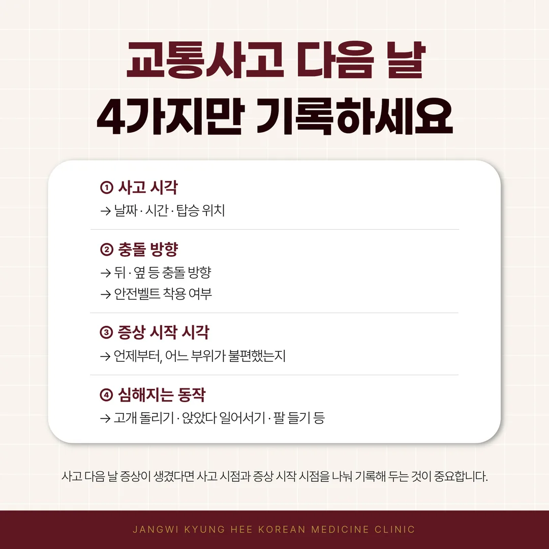 교통사고 당일부터 첫 주까지 시간 경과별로 확인하는 항목을 정리한 도표