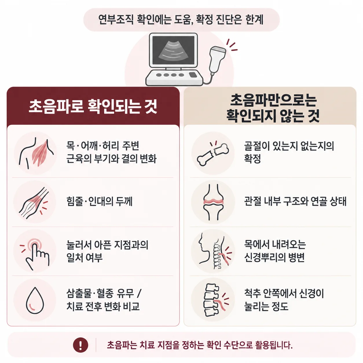 근골격 초음파로 확인되는 범위와 확인되지 않는 범위를 좌우로 나눈 설명 그림
