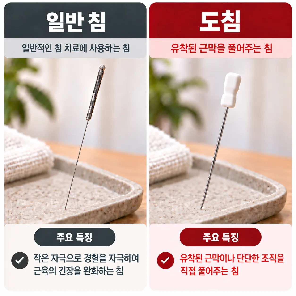 일반 침과 도침치료에 쓰는 칼날 모양 침 끝의 모양을 비교한 개념도