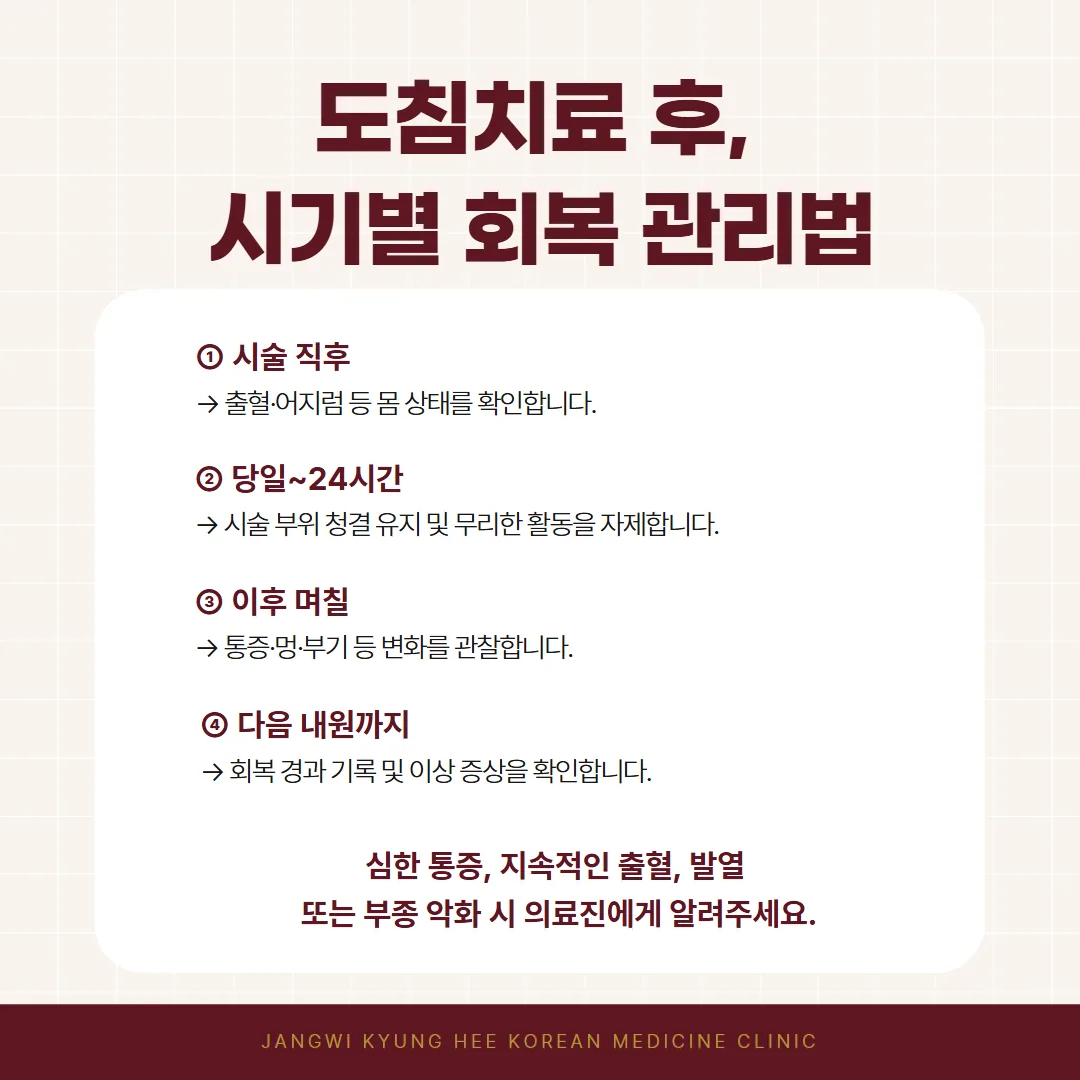 도침치료 후 시술 직후부터 다음 내원까지 시점별 관리법을 정리한 회복 타임라인