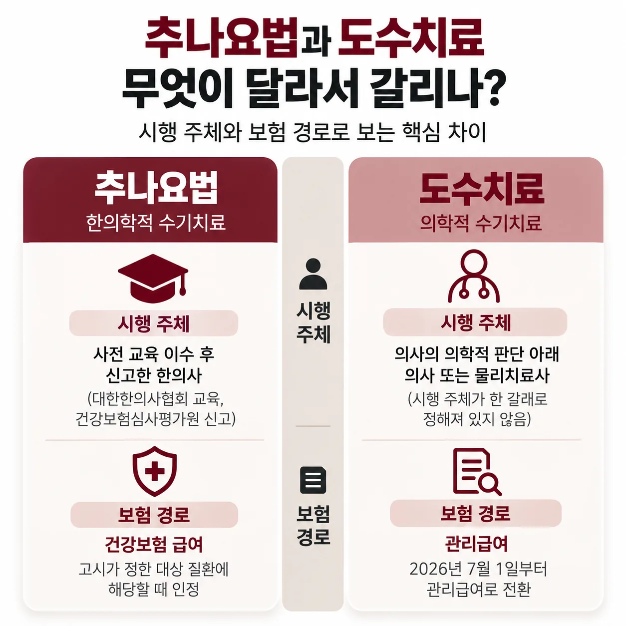 추나요법과 도수치료를 시행 주체와 보험 경로로 구분한 개념도