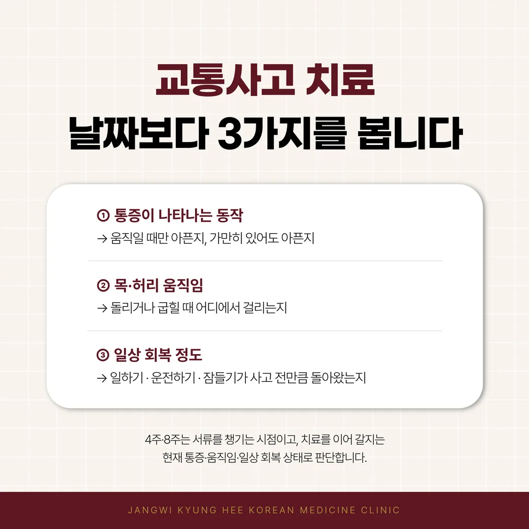 교통사고 치료 판단 기준 통증 정도 가동범위 일상 복귀 세 가지 정리도