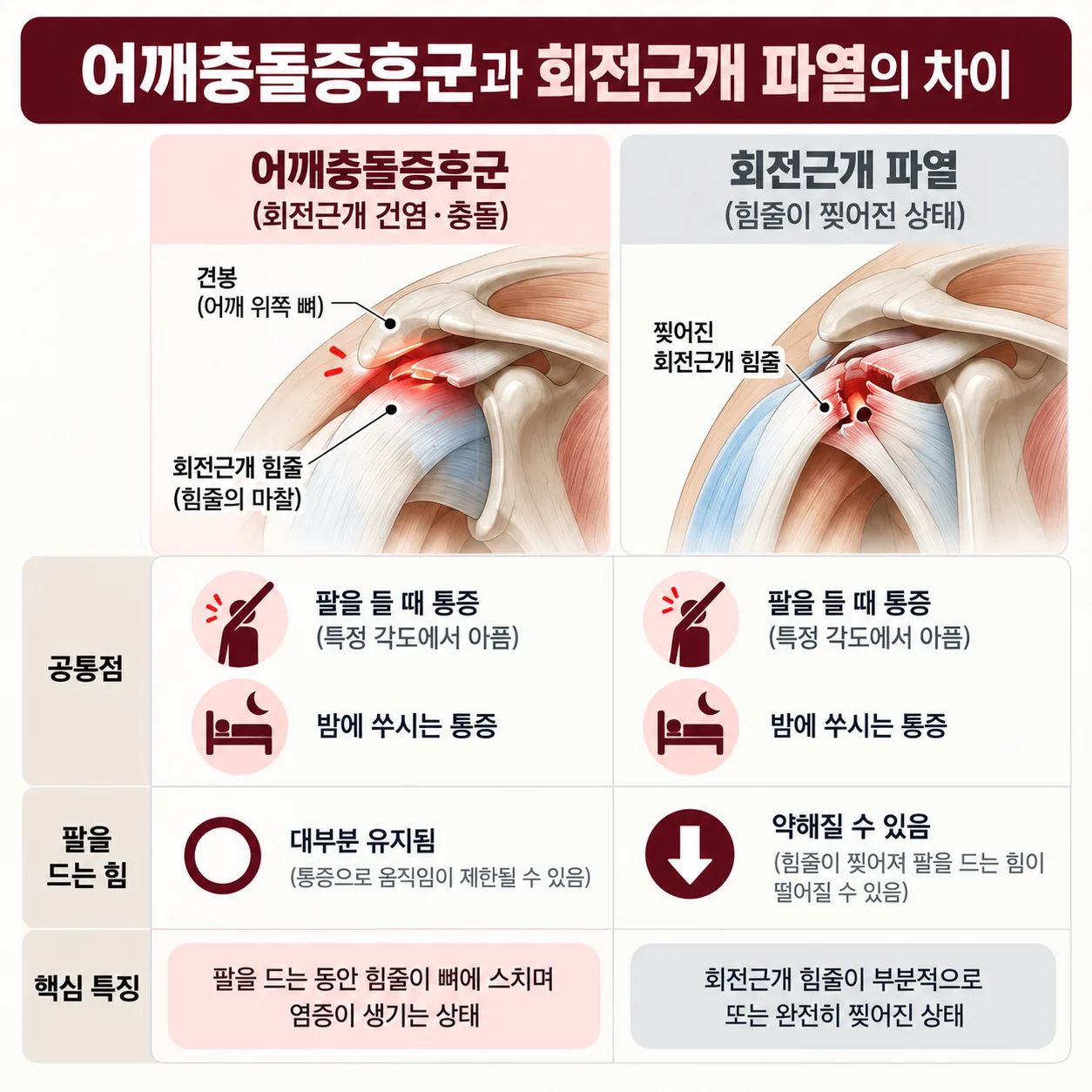 어깨충돌증후군과 회전근개 파열의 공통 증상과 팔 드는 힘의 차이를 비교한 개념도