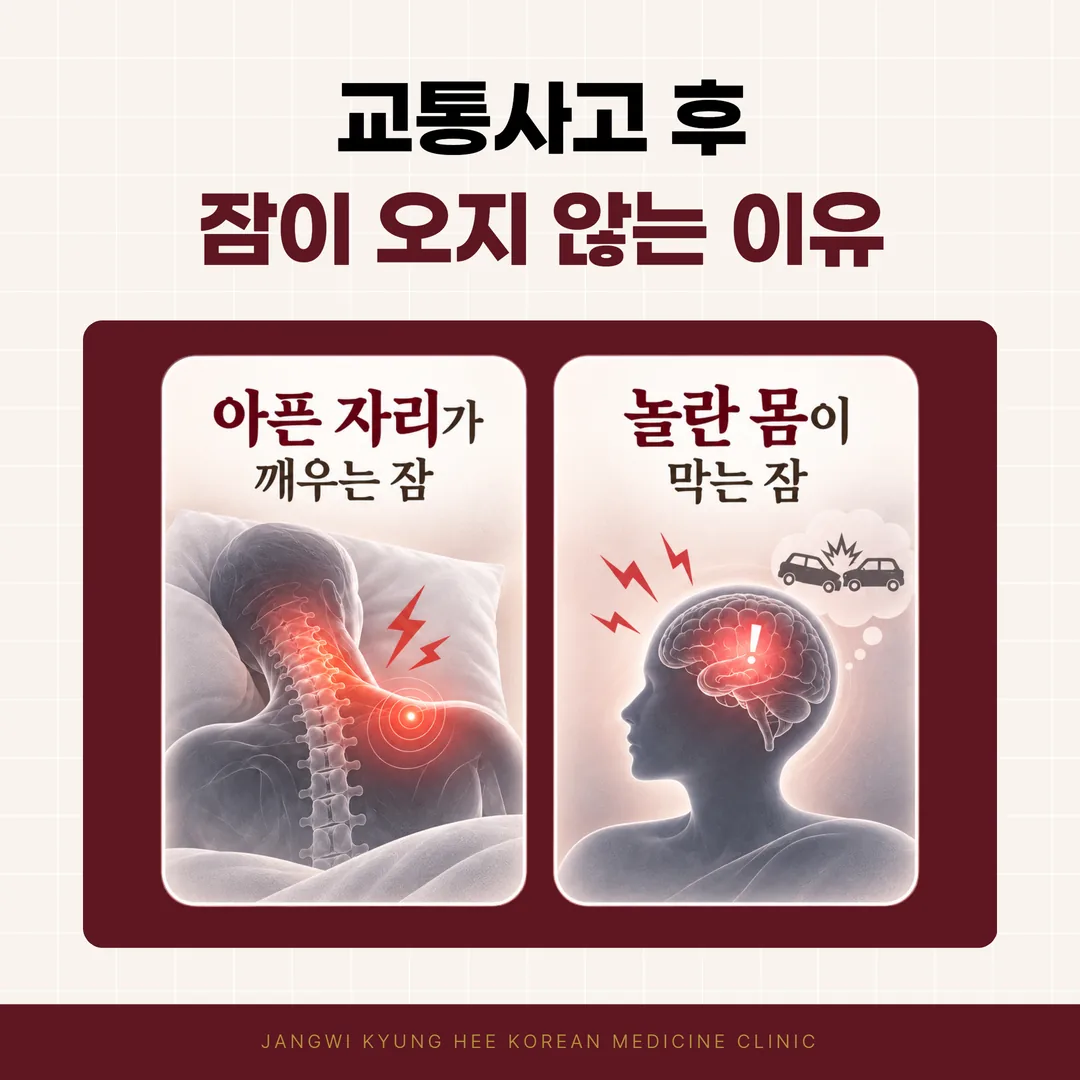 교통사고 후 불면증을 통증과 놀람 두 갈래로 나눈 표지 개념도