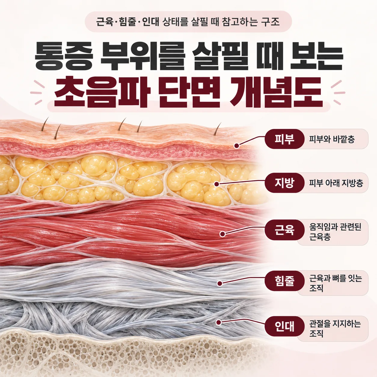 통증 부위의 근육과 힘줄, 인대를 보여 주는 초음파 단면 개념도