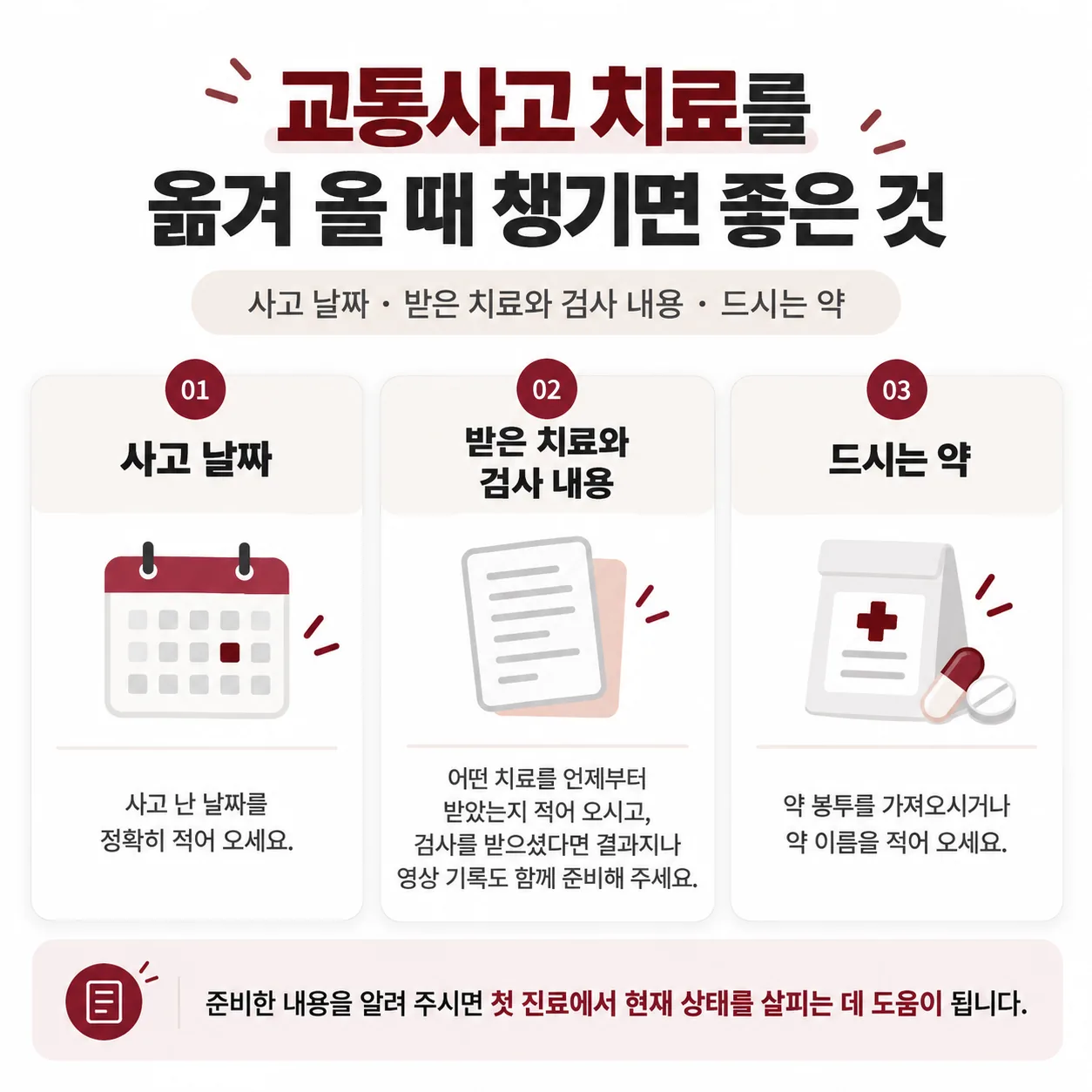 교통사고 치료를 옮겨 올 때 챙길 사고 날짜와 받은 치료 내용, 드시는 약 안내 카드