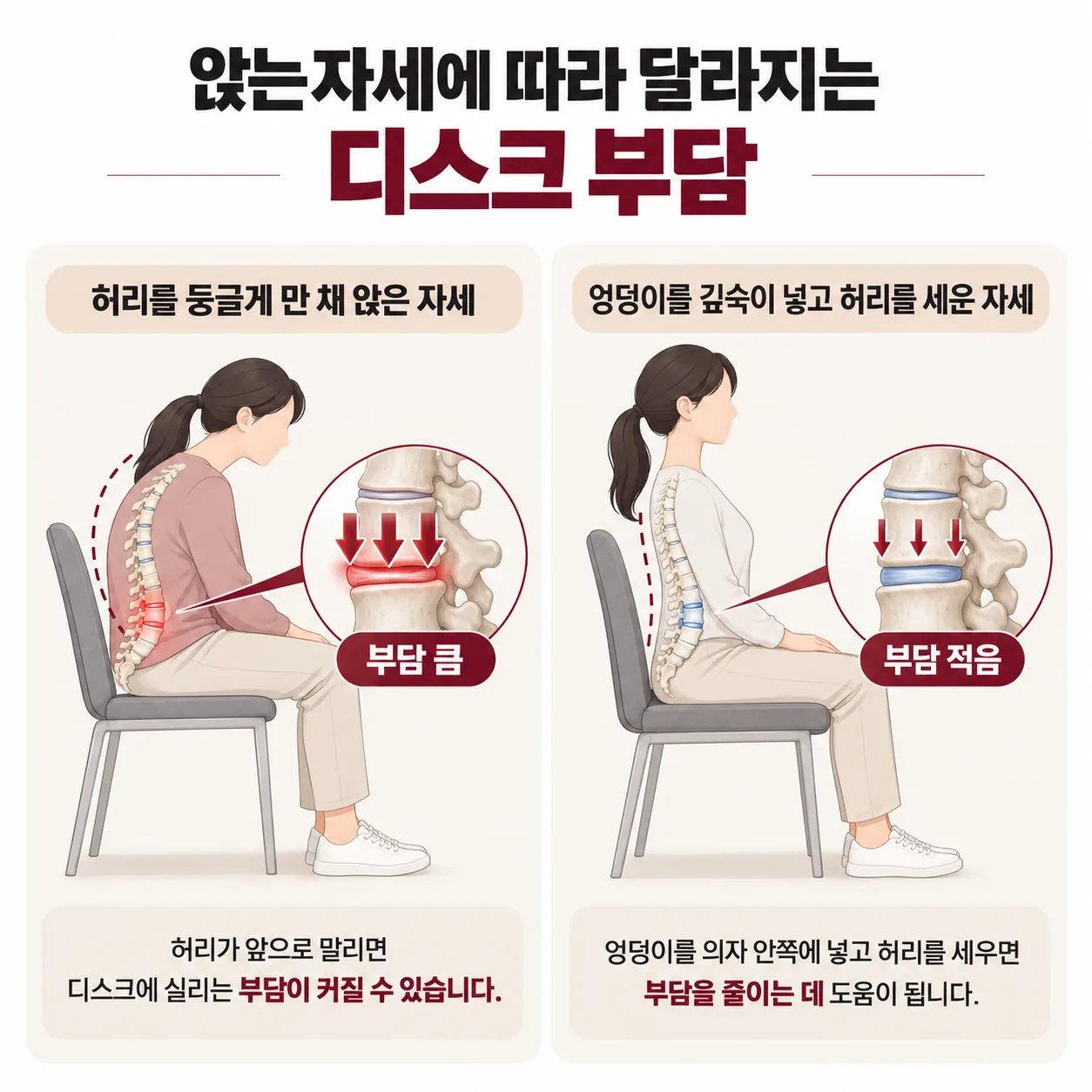 구부정하게 앉은 자세와 허리를 세워 앉은 자세의 디스크 부담 비교 개념도