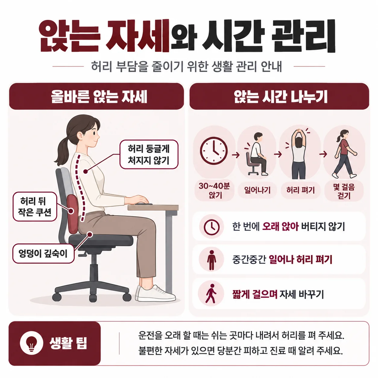 허리디스크 초기 앉는 자세와 앉는 시간 나누기 생활 관리 안내도
