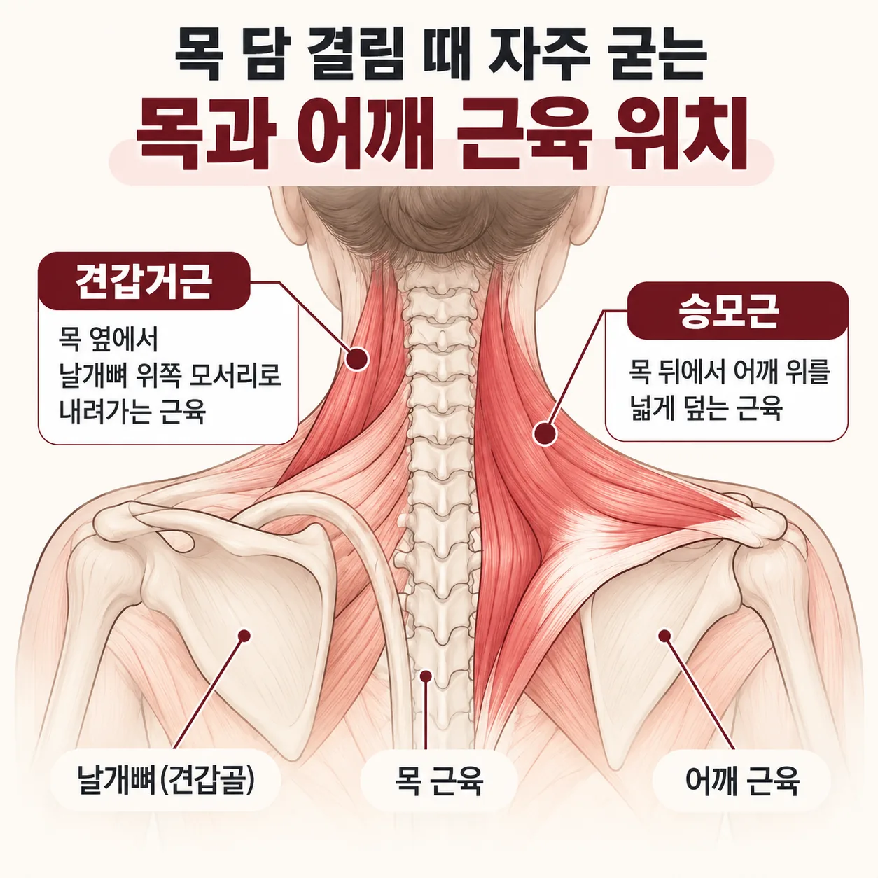 목 담 결림 때 자주 굳는 목 옆과 뒤, 어깨 위와 날개뼈 위쪽 근육 위치 개념도