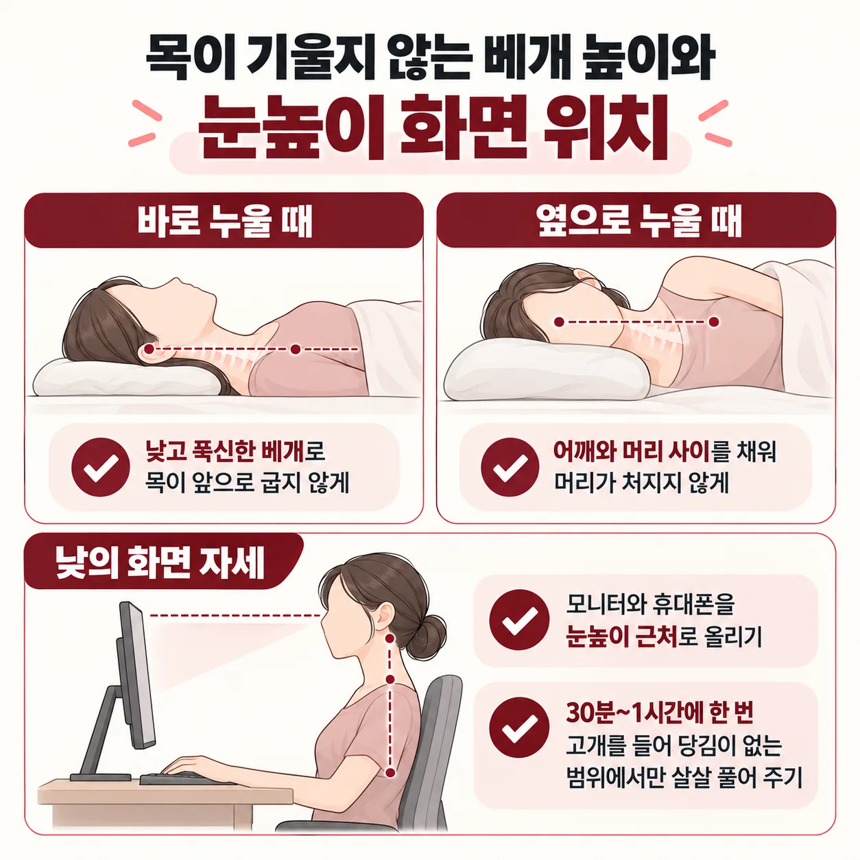 목이 기울지 않는 베개 높이와 눈높이 화면 위치를 보여 주는 생활 자세 그림