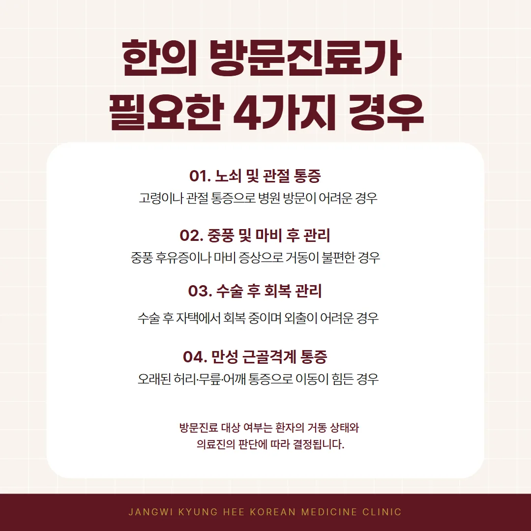 한의 방문진료가 필요한 거동 불편 환자 네 가지 경우 정리 도식