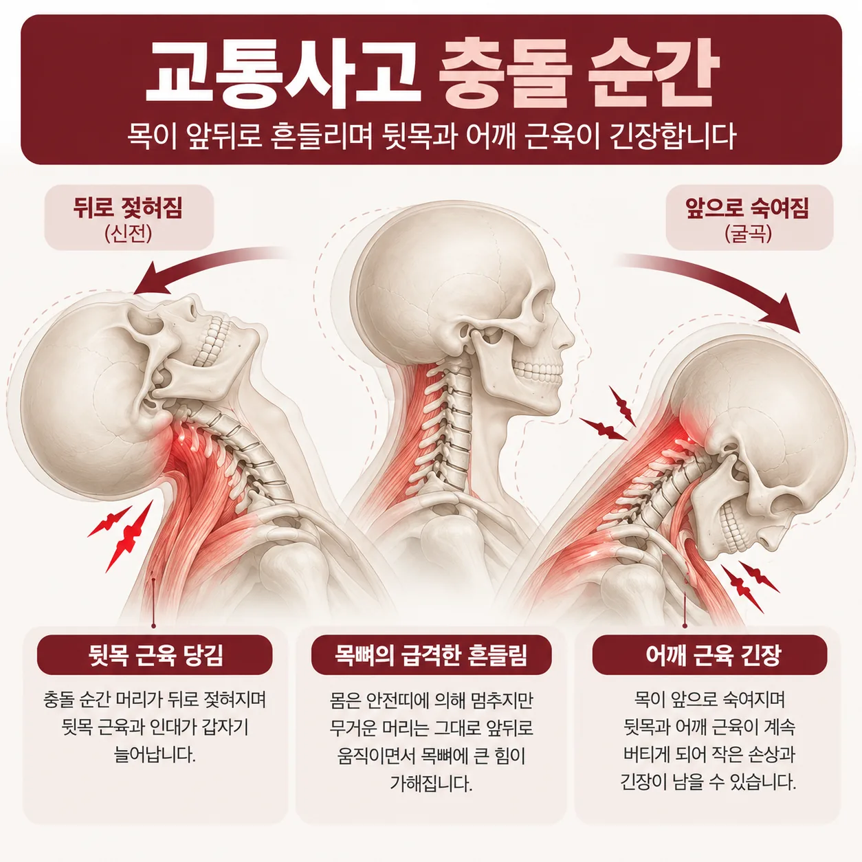 교통사고 충돌 순간 목이 앞뒤로 흔들리며 뒷목과 어깨 근육이 긴장하는 과정 도식