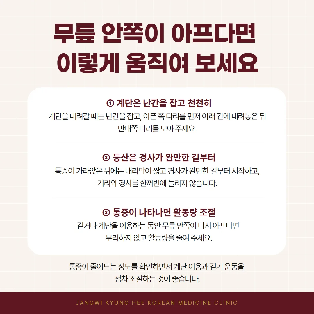 무릎 안쪽 통증이 있을 때 계단 내려가는 순서와 등산 양 조절 방법 그림