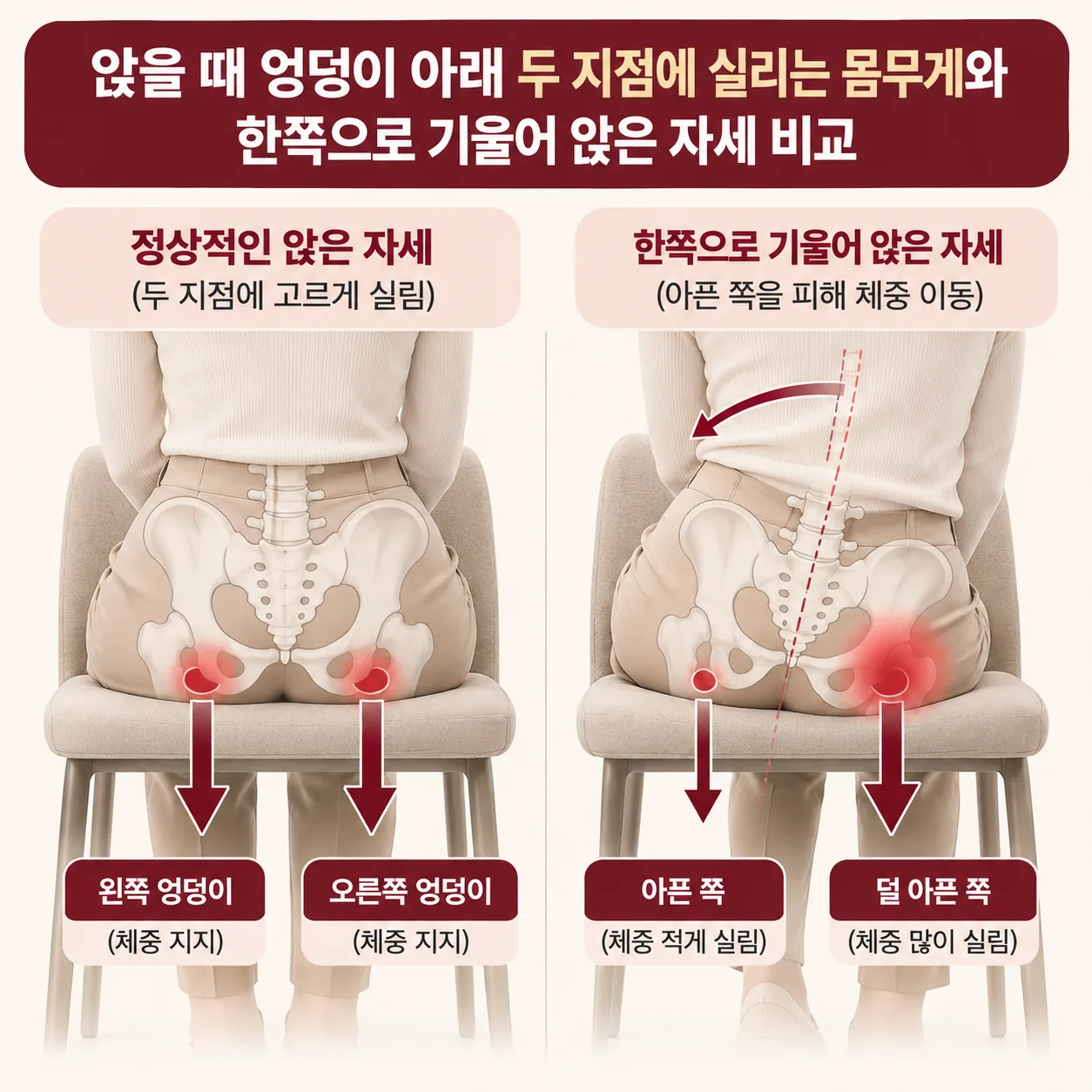 앉을 때 엉덩이 아래 두 지점에 실리는 몸무게와 한쪽으로 기울어 앉은 자세 비교 개념도
