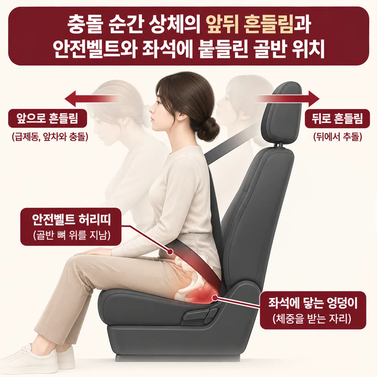 충돌 순간 상체의 앞뒤 흔들림과 안전벨트 허리띠와 좌석에 붙들린 골반 위치 개념도